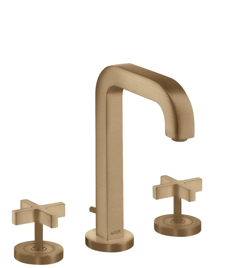 Waschtischarmatur mit gebürsteter Bronze-Oberfläche von AXOR, bestehend aus einem Auslauf und zwei Kreuzgriffen in einem 3-Loch-Design.